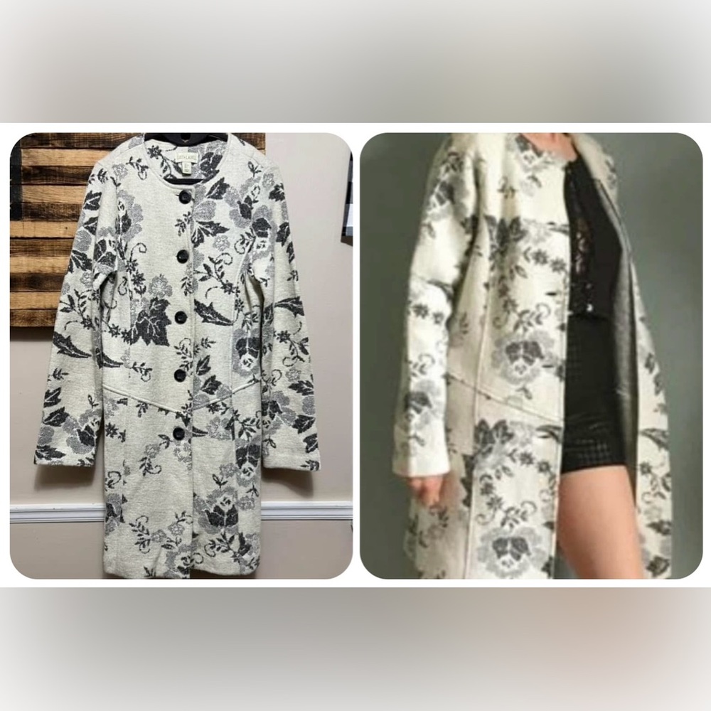 Anthropologie Floral Cream and Black Coat